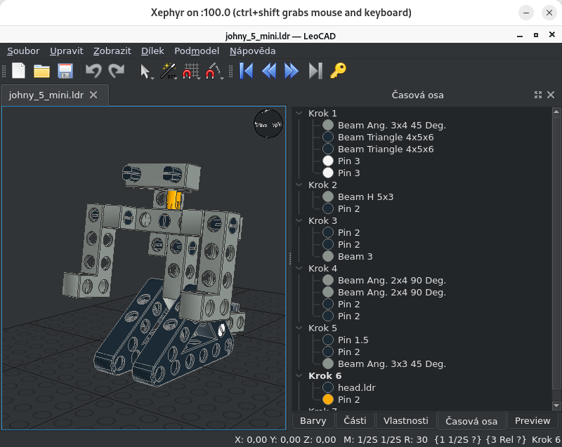 Zobrazení záložky Časová osa v programu LeoCAD.