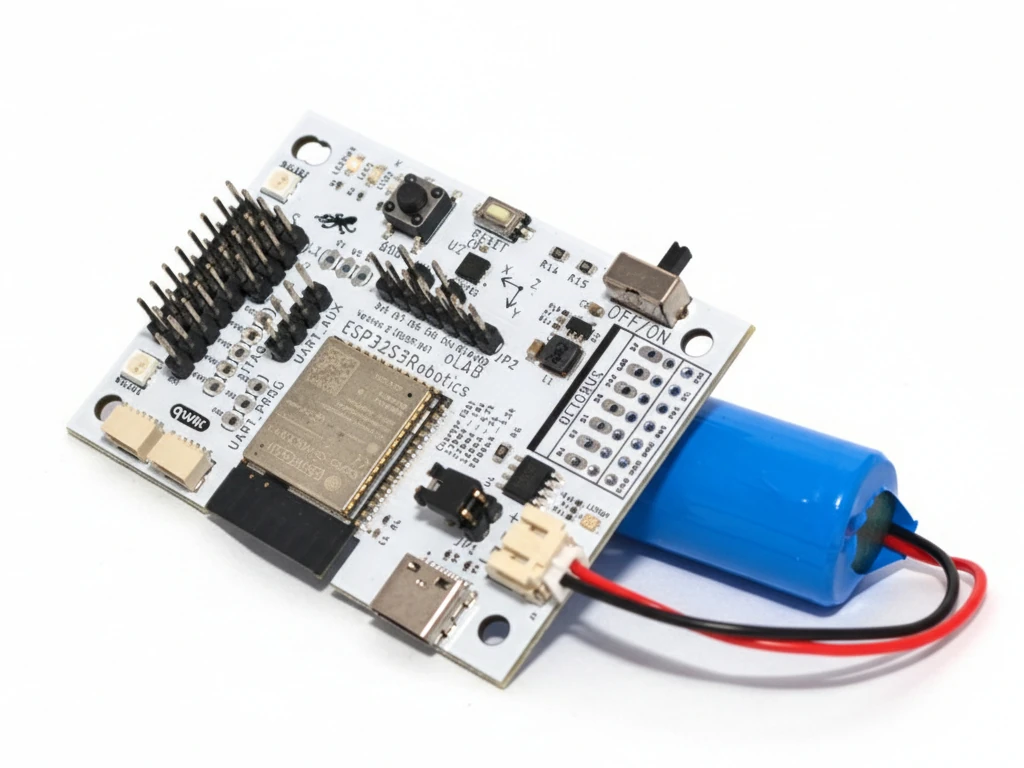 Fotografie ESP32-S3 Robotické desky BitBeam se zapojenou baterií.